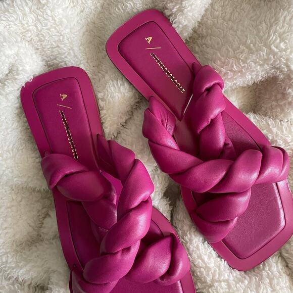 Anthropologie Pink Twisted Puffed Leather Flat Square Toe Slide Sandals - Picture 2 of 4